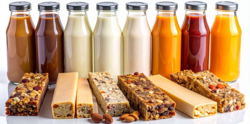 Modern image, clean product shots showing colorful protein bars, beverages, and healthy snacks arranged on a minimalist background with subtle ingredient highlights (oats, nuts, fruits)