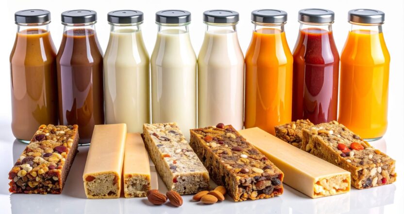 Modern image, clean product shots showing colorful protein bars, beverages, and healthy snacks arranged on a minimalist background with subtle ingredient highlights (oats, nuts, fruits)