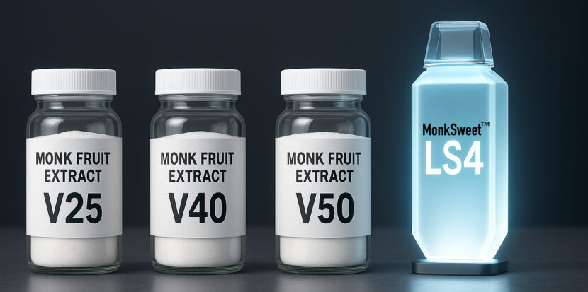 Four bottles. The first three have plain labels marked V25, V40, and V50. The fourth bottle is glowing blue and contains MonkSweet LS4