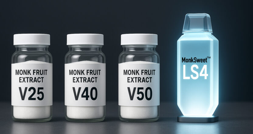 Four bottles. The first three have plain labels marked V25, V40, and V50. The fourth bottle is glowing blue and contains MonkSweet LS4