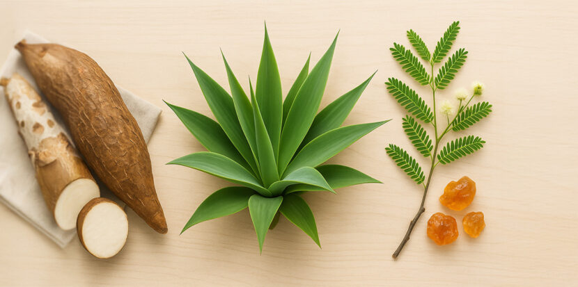 Picture of tapioca root, agave leaves, and acacia.