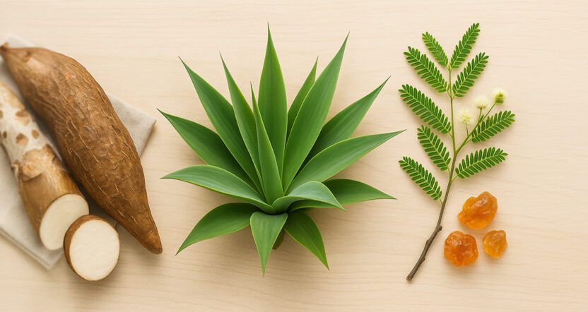Picture of tapioca root, agave leaves, and acacia.