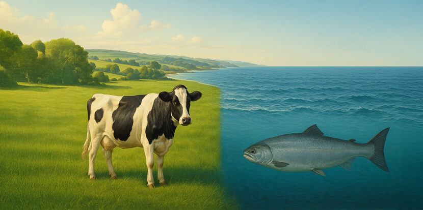 A cow in a pasture with a fish in the ocean