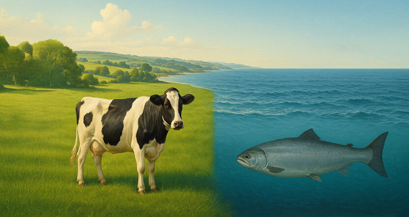 A cow in a pasture with a fish in the ocean