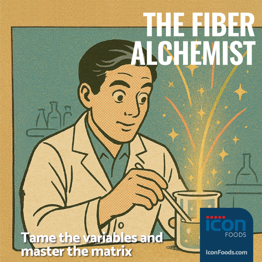 A scientist in a lab coat, mixing fibers in a beaker. Headline is "The Fiber Alchemist." The subheading is "Tame the variables and master the matrix."