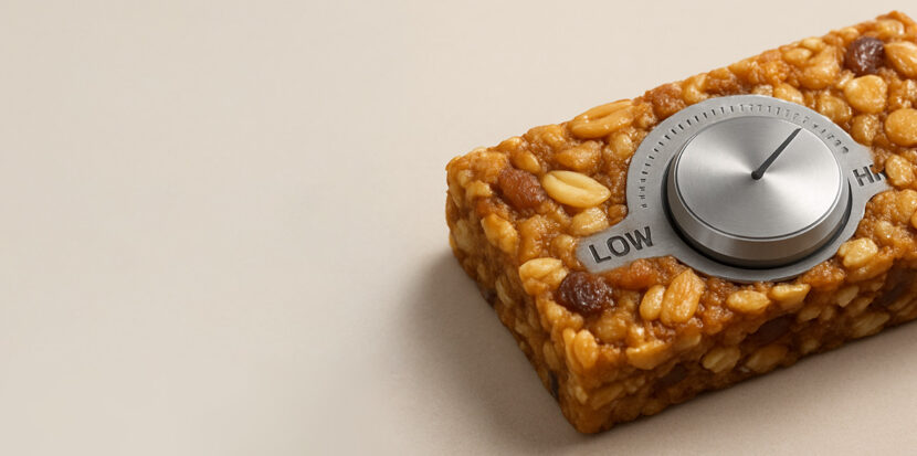 A granola bar with a knob for adjusting sweetness level