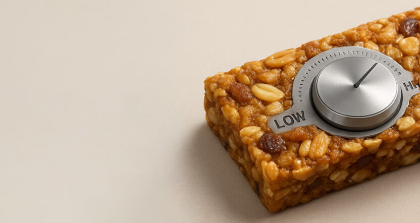 A granola bar with a knob for adjusting sweetness level