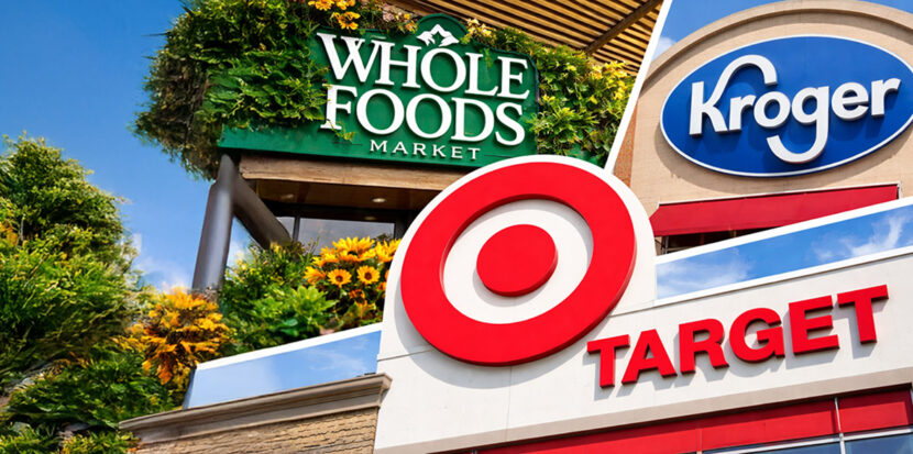 Whole Foods, Target, Kroger signs and logos. Logos are the property of each individual brand.
